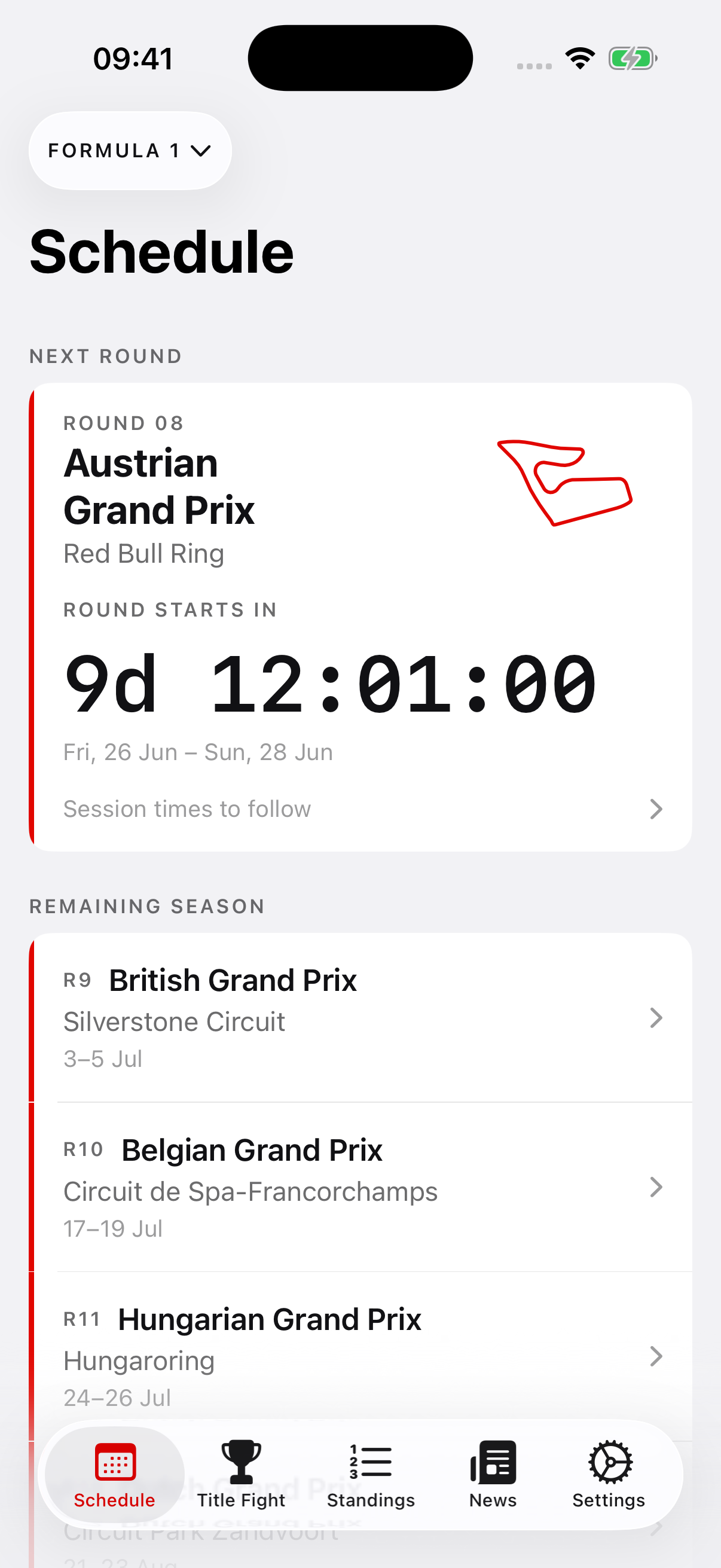PitWall Pro Schedule screen showing the next Formula 1 round counting down